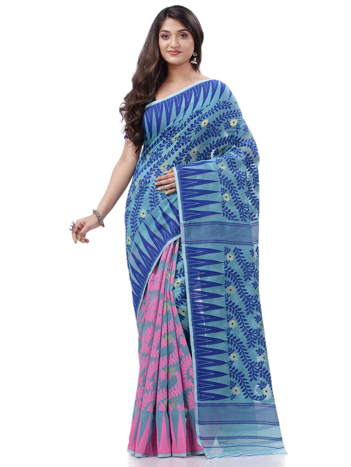 women's printed blue colored saree with blouse