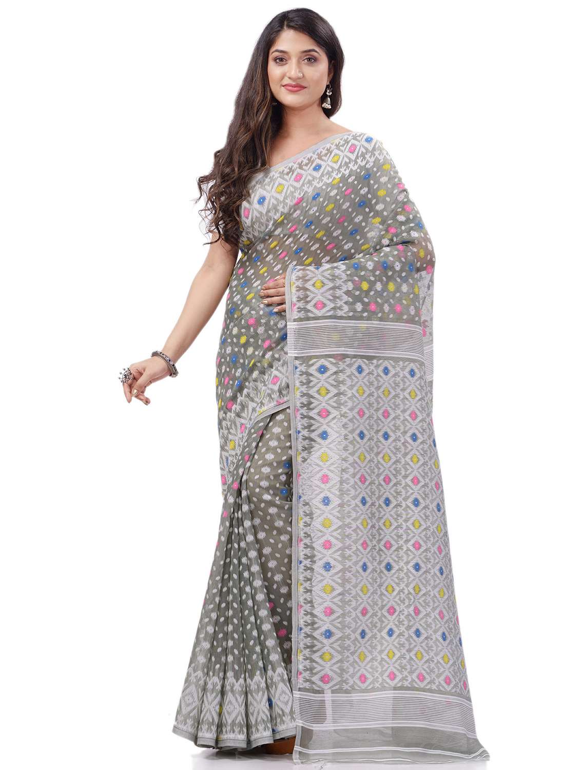 women's self design grey colored saree with blouse