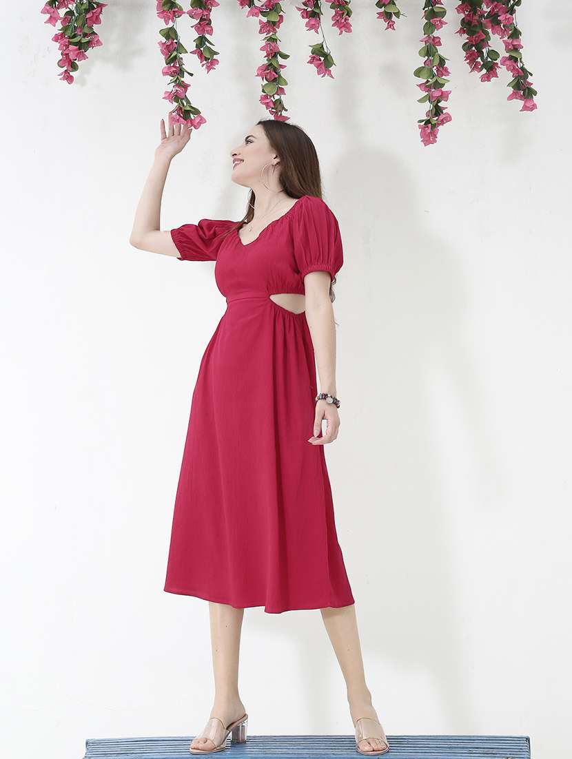 red solid cut work fit & flare dress - 20427269 - Standard Image - 1