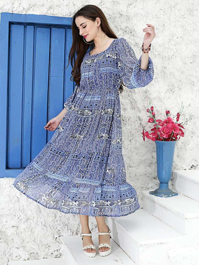 blue printed fit & flare dress