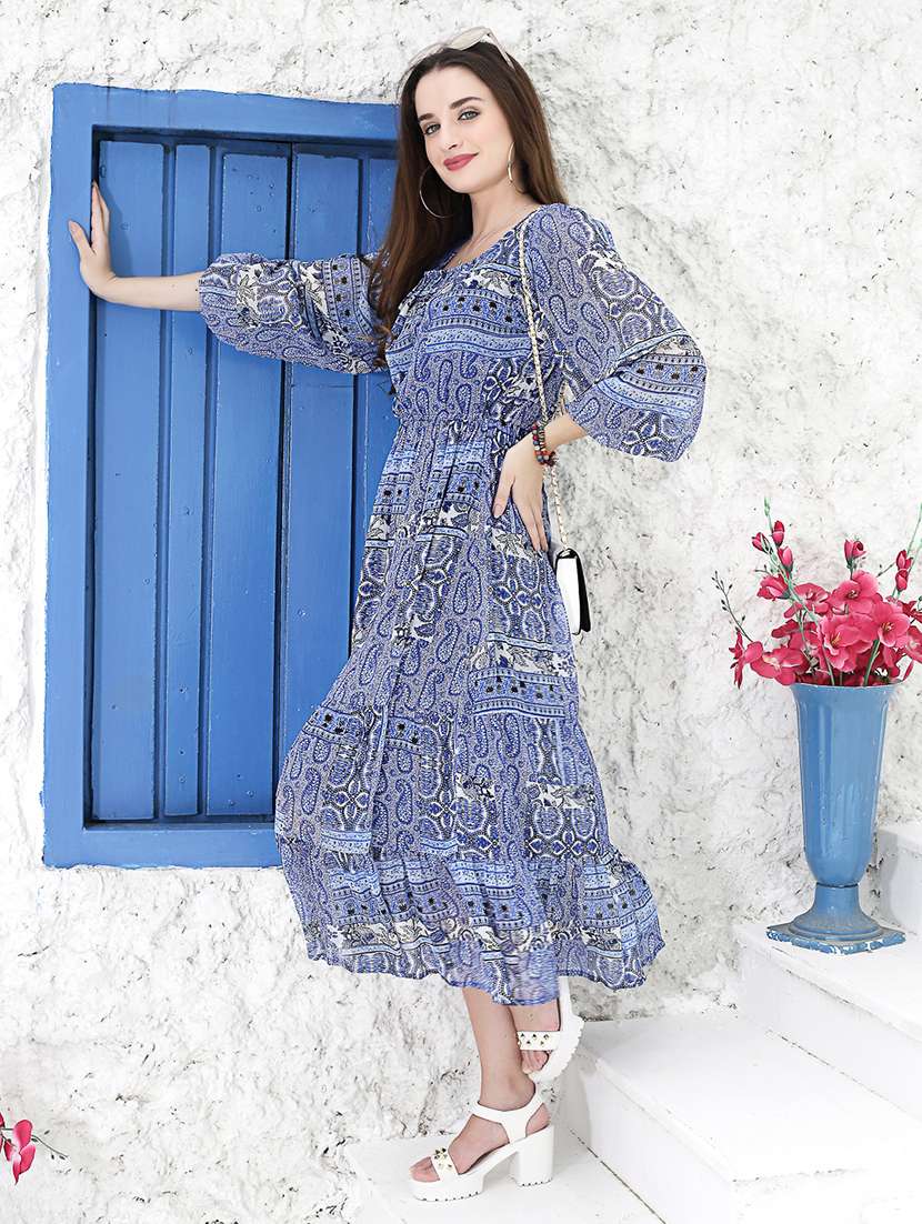 blue printed fit & flare dress - 20427276 -  Standard Image - 1
