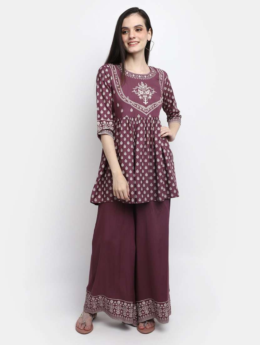women purple round neck kurta palazzo set - 20427452 -  Standard Image - 1