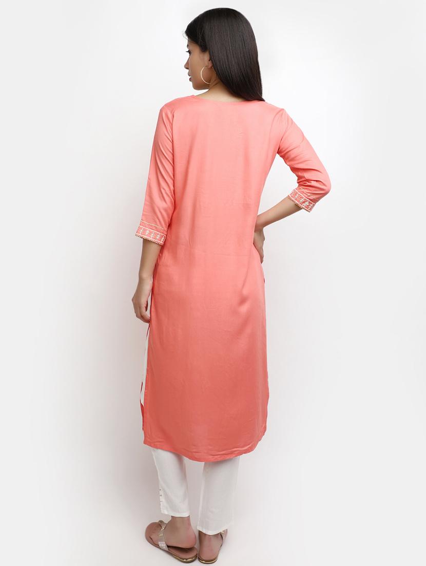 women peach round neck kurta pant set - 20427456 - Standard Image - 1