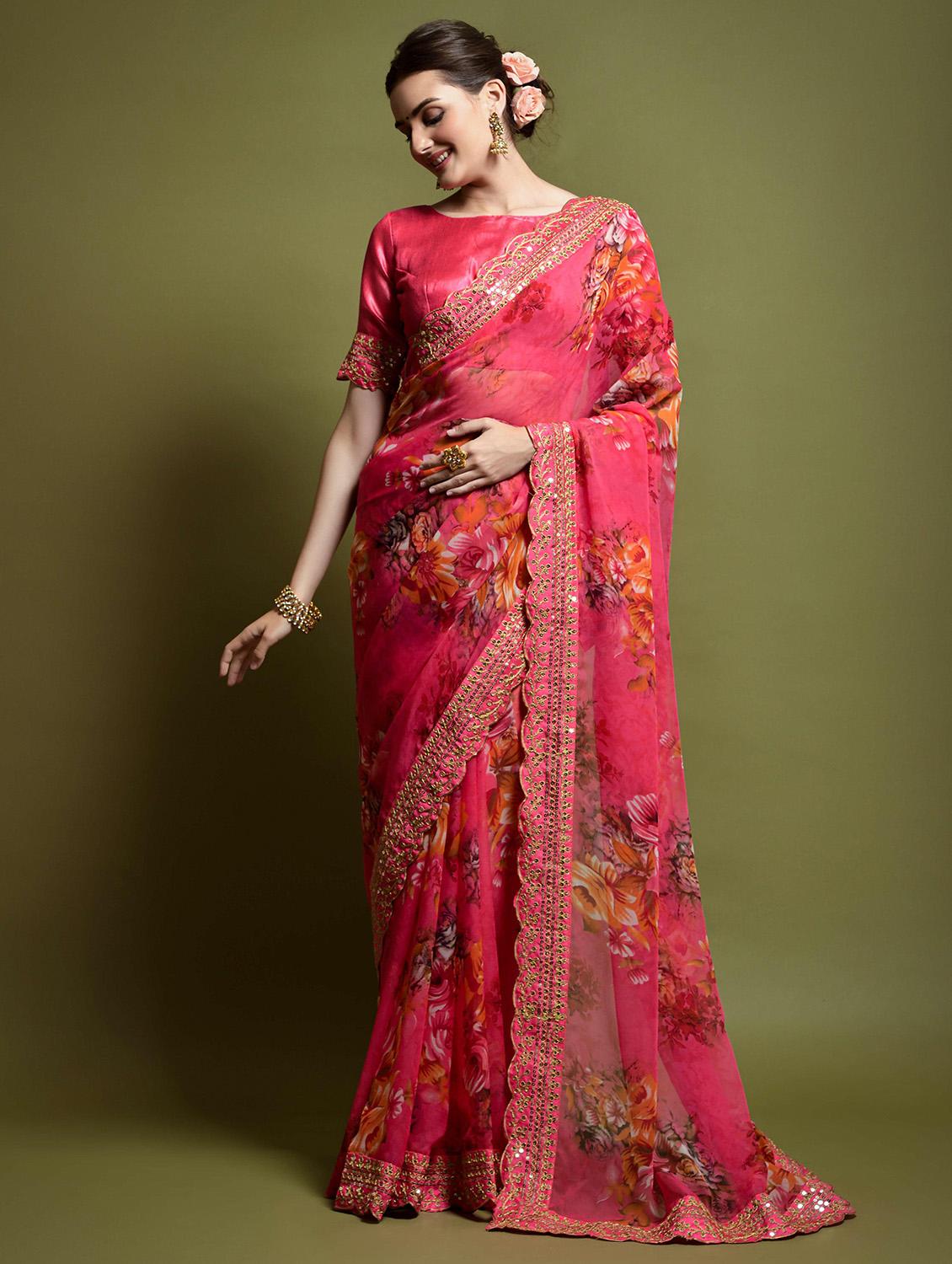 women's floral pink colored saree with blouse - 20427956 - Zoom Image - 0
