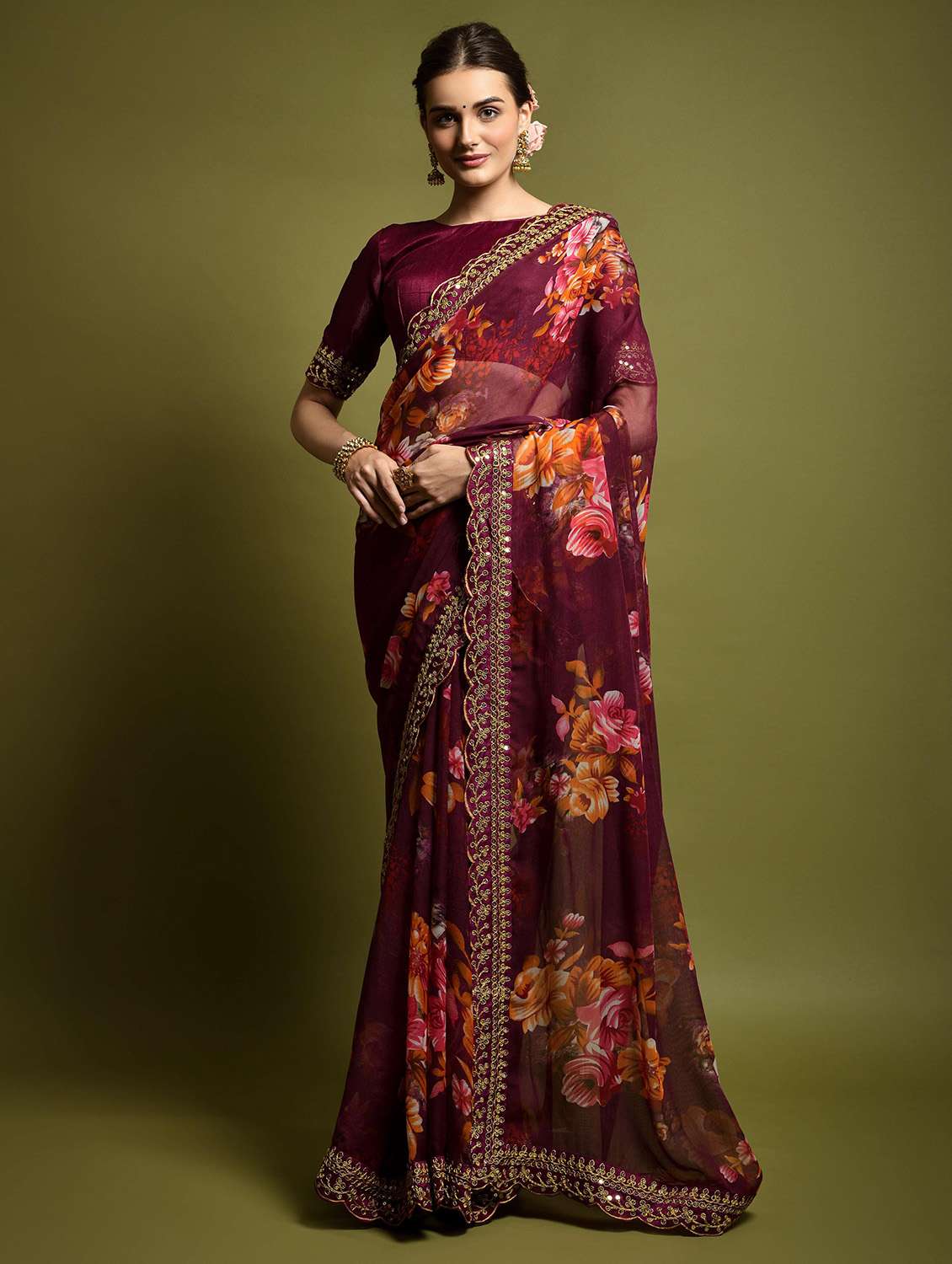 women floral printed saree with blouse