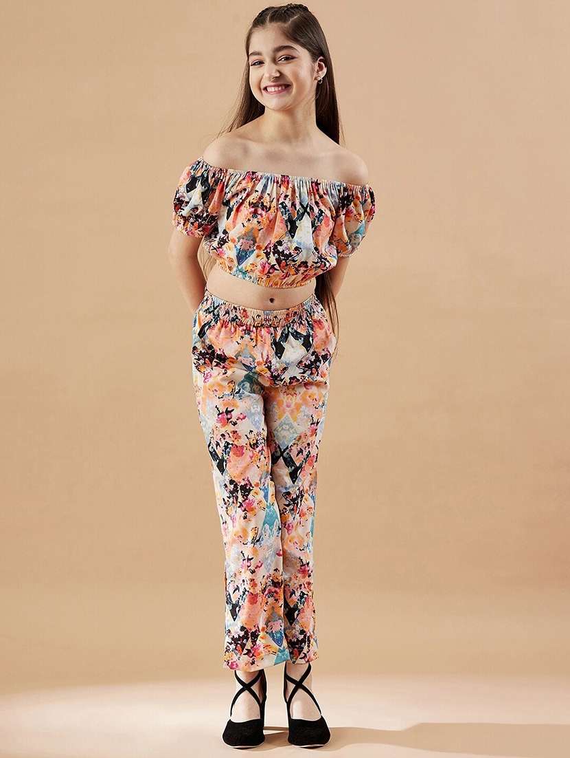 girls printed full length twin set