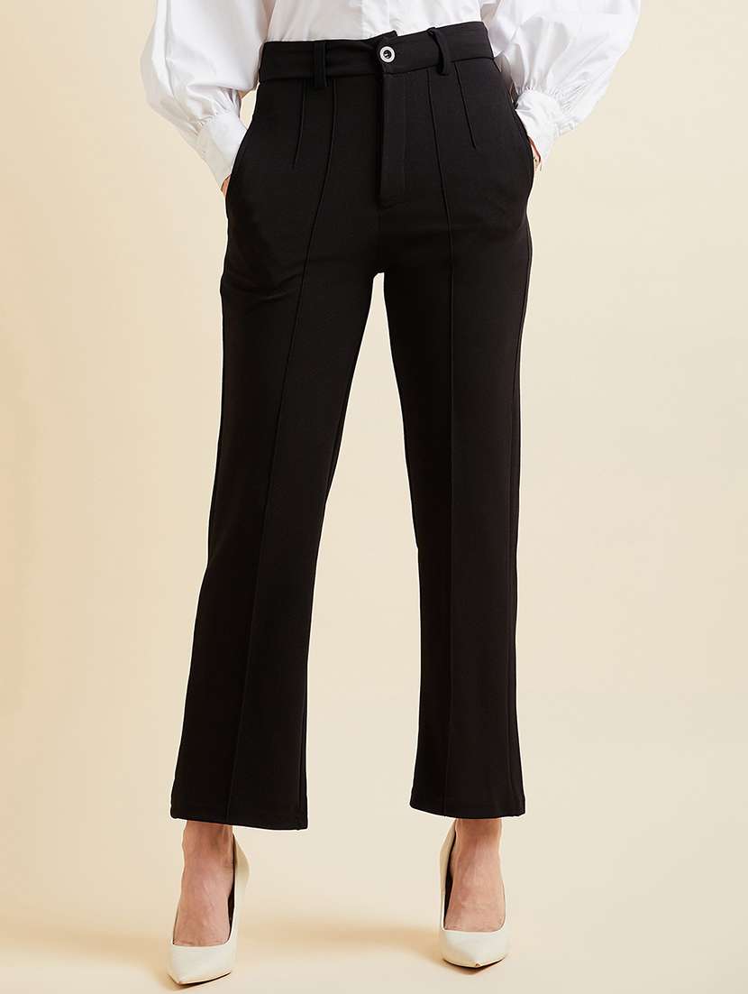 women solid black detailed trouser