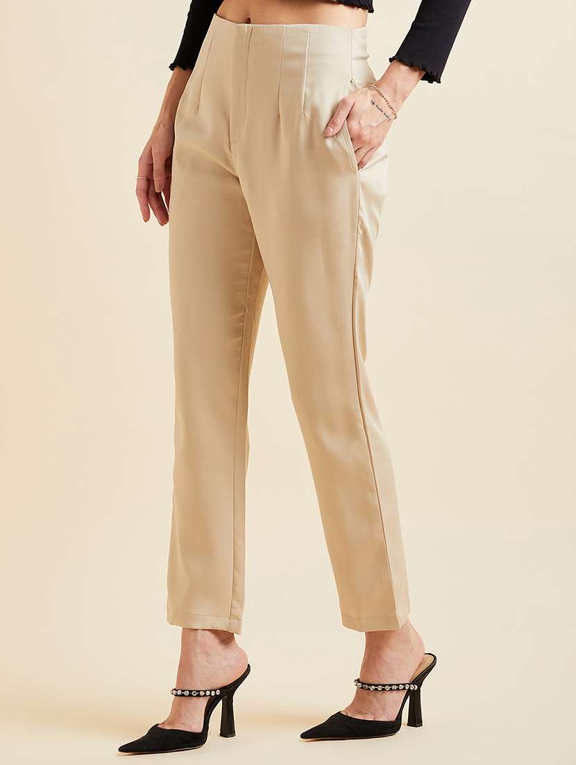 women beige polyester pleated trousers - 20428389 -  Standard Image - 1