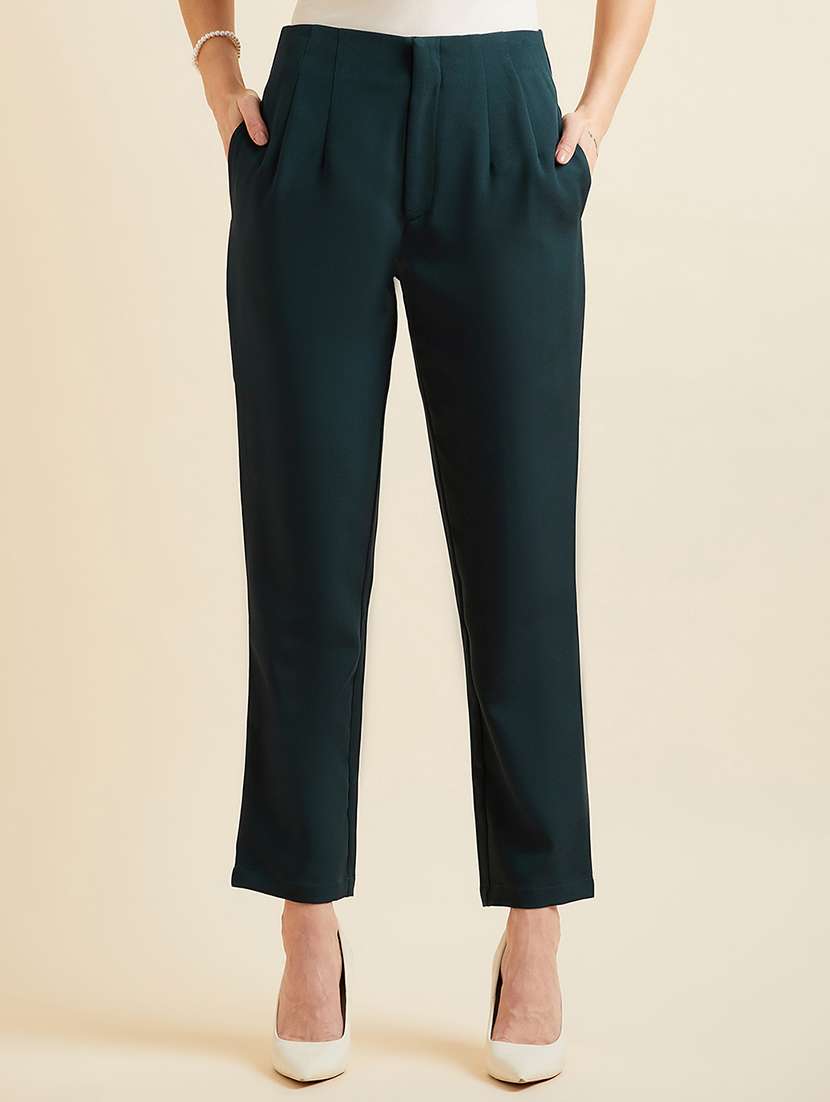 women solid teal blue pleated trouser