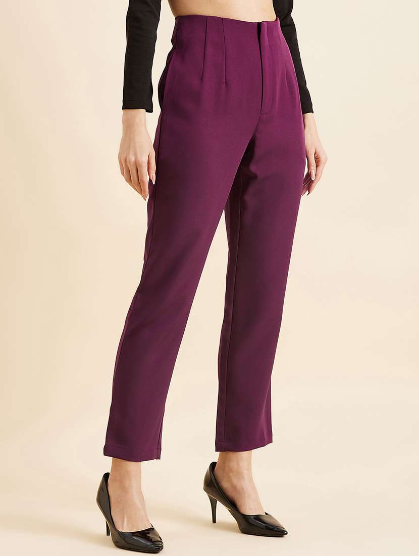 women purple lycra blend pleated trousers  - 20428395 -  Standard Image - 1