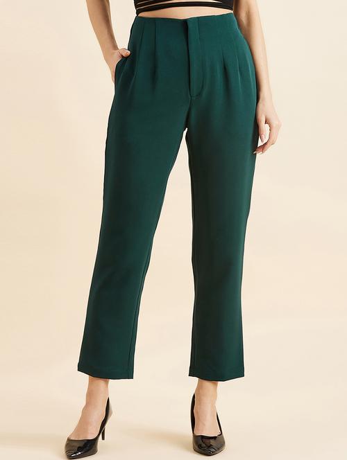 women solid green pleated trouser - 20428400 -  Standard Image - 0