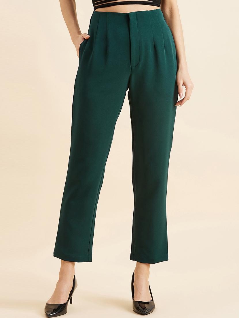 women solid green pleated trouser - 20428400 -  Zoom Image - 0