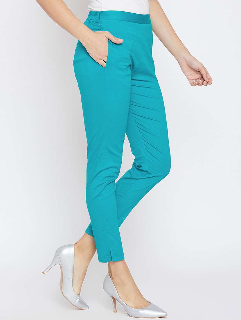 women solid turquoise blue cigarette pant - 20428424 -  Standard Image - 1