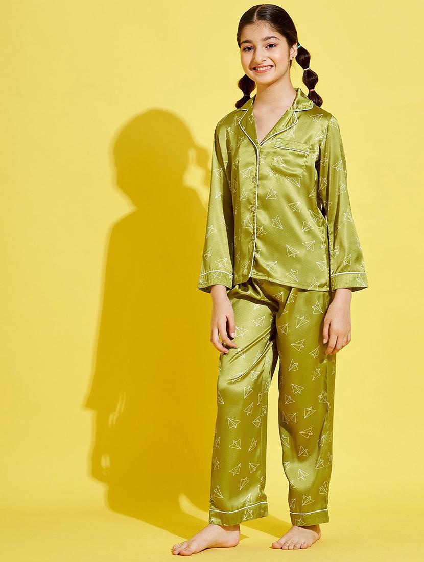 girls green printed nightwear set