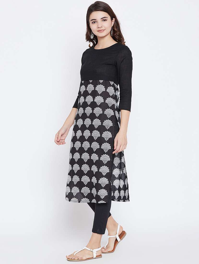 women black round neck straight kurta - 20428611 -  Standard Image - 1
