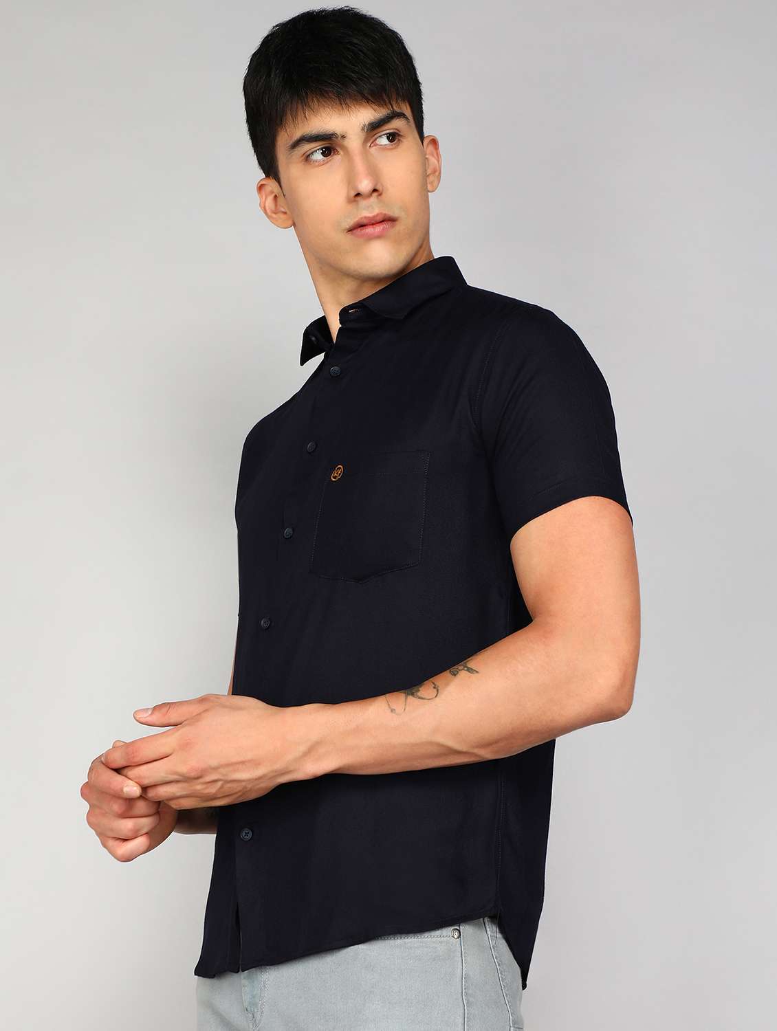 navy blue solid casual shirt - 20428691 -  Standard Image - 1
