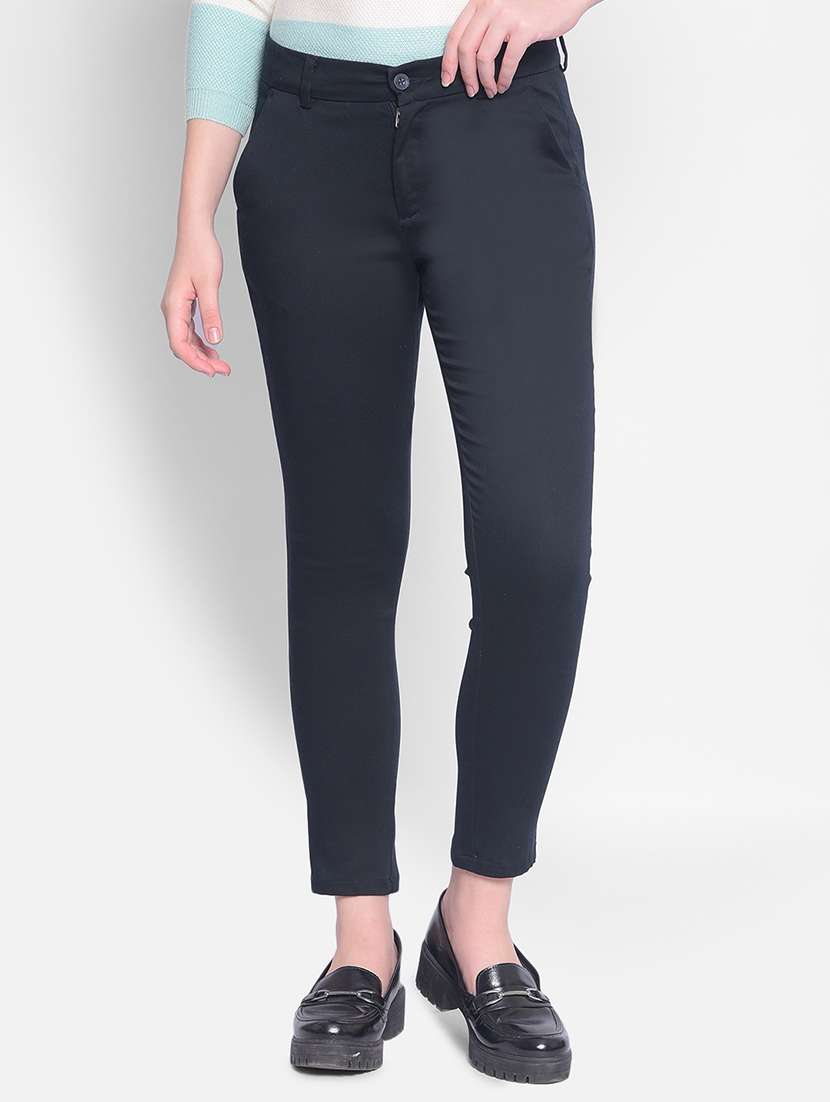 navy blue solid flat front tailored trouser