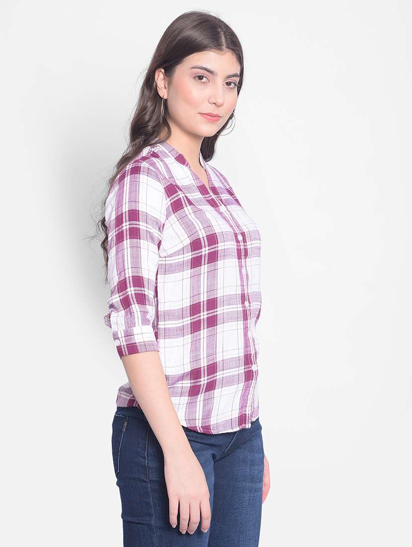 women maroon & white checkered print regular shirt - 20429905 -  Standard Image - 1
