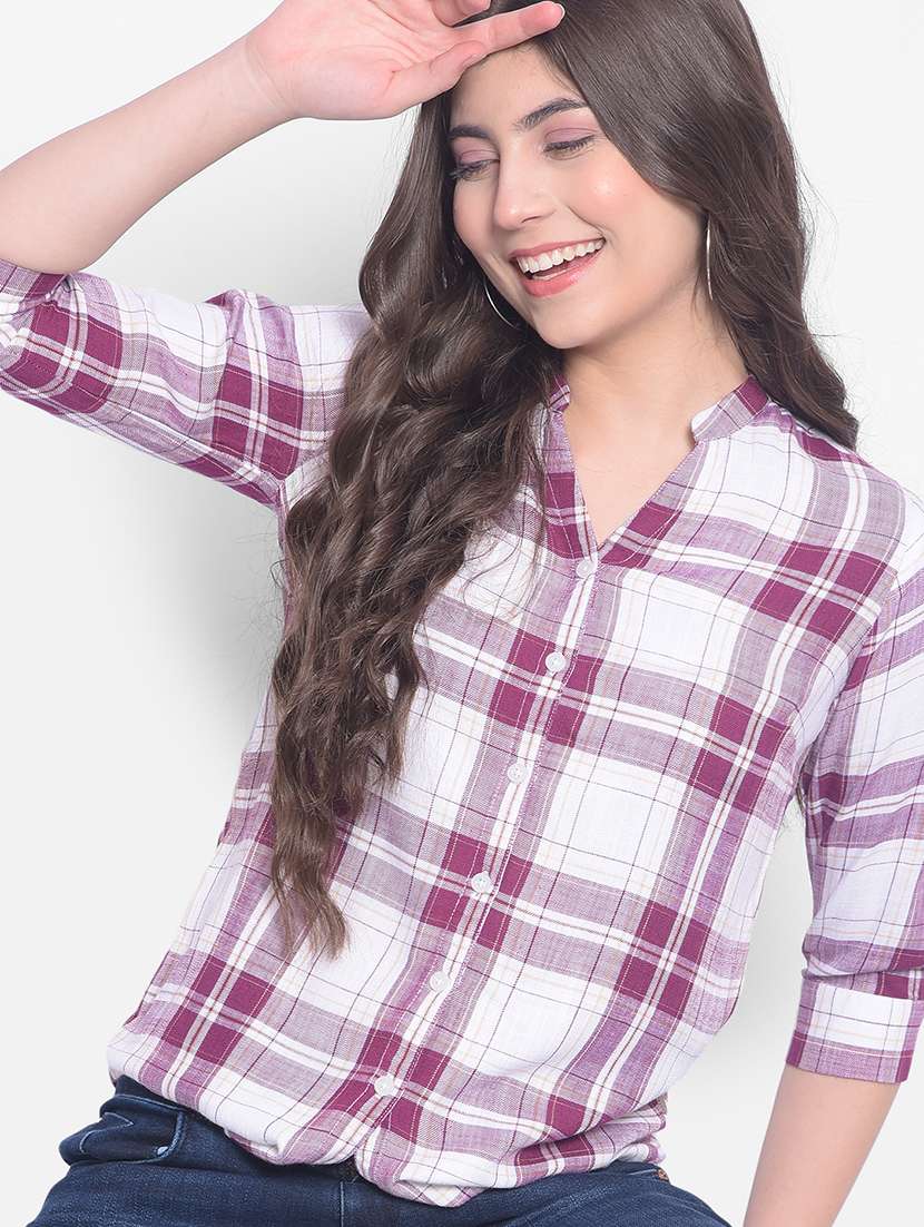 women maroon & white checkered print regular shirt - 20429905 -  Standard Image - 4