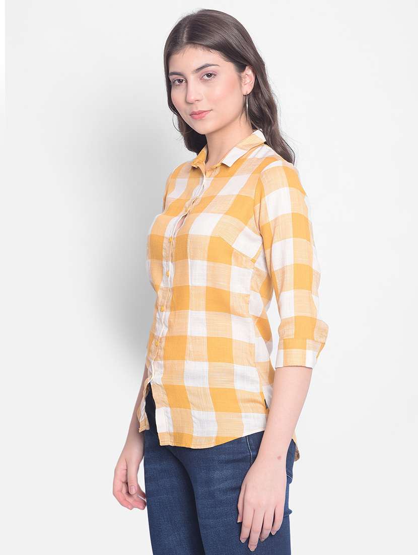 women yellow checkered print regular shirt