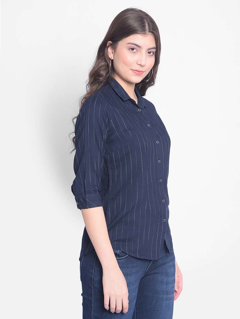 women navy blue striped regular shirt - 20429917 -  Standard Image - 1