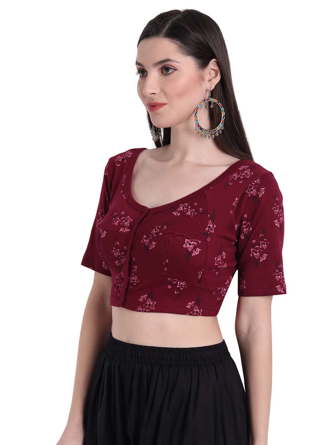women maroon round neck stitched blouse - 20429952 - Standard Image - 1