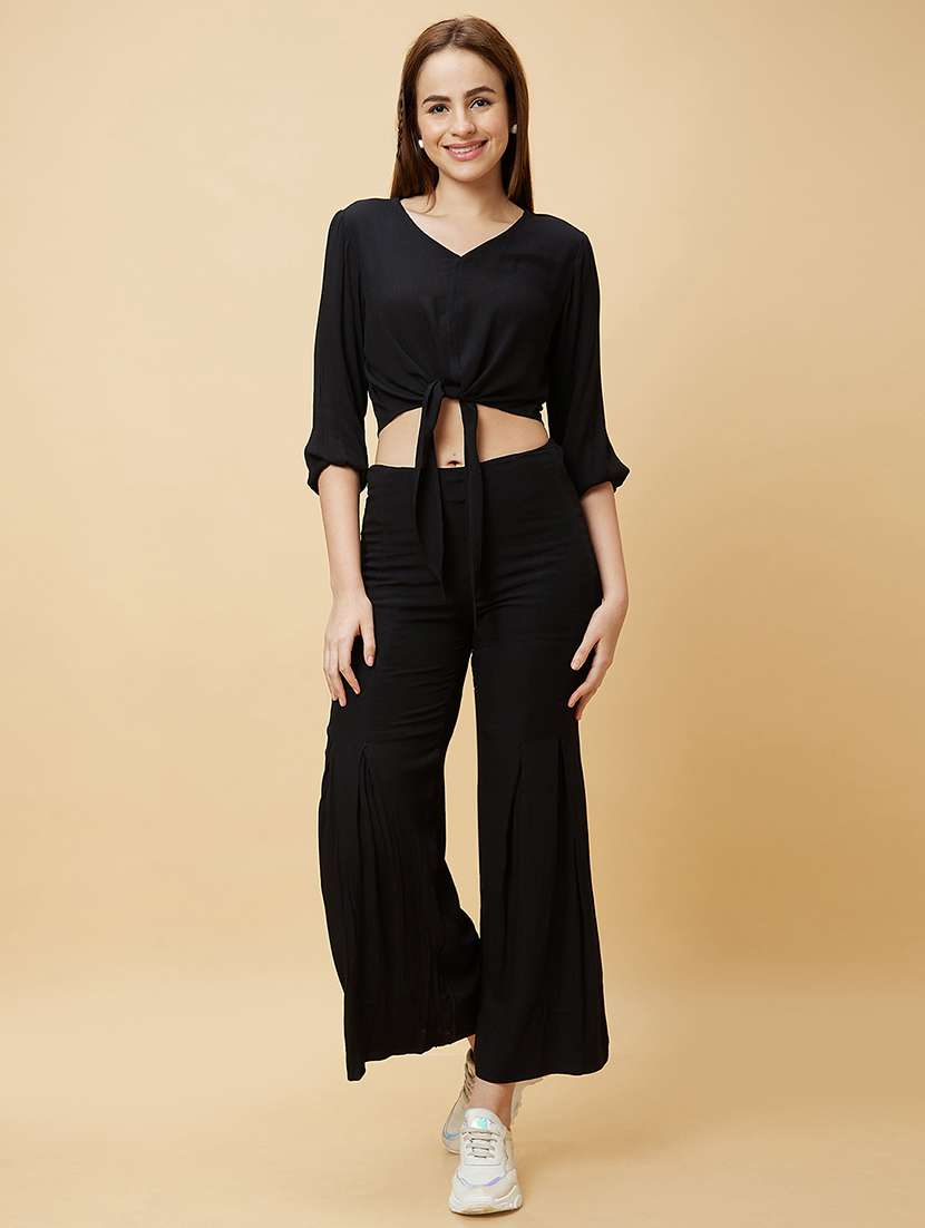women solid top & palazzo co-rd set
