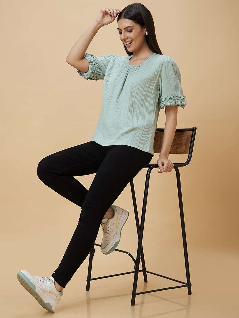 women sea green cotton regular top - 20430104 -  Standard Image - 4