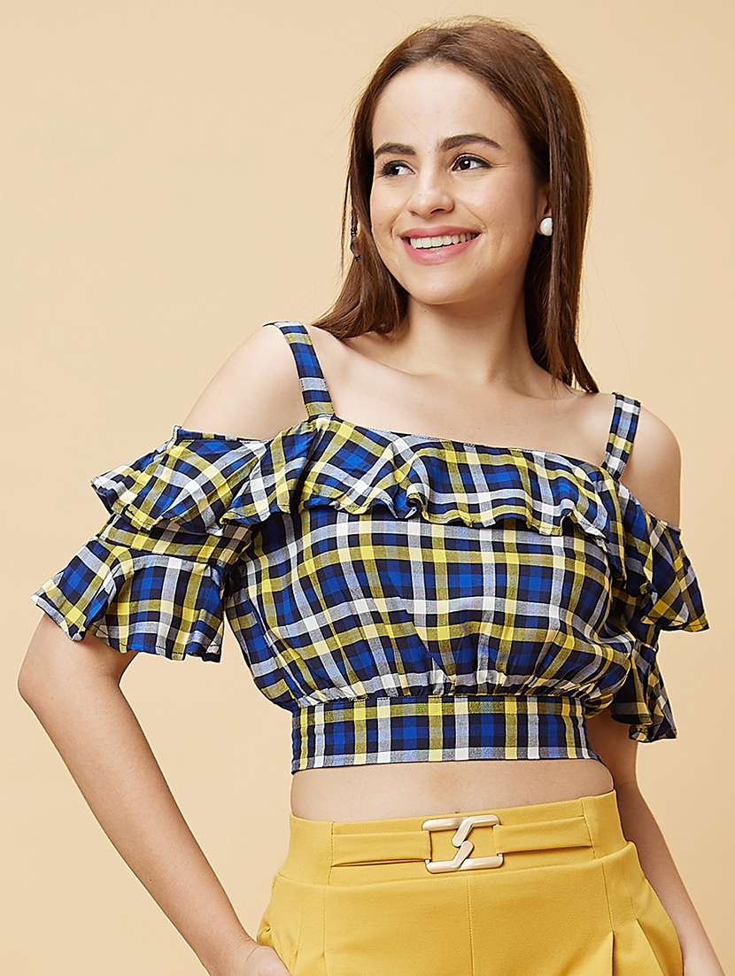 blue checks crop top