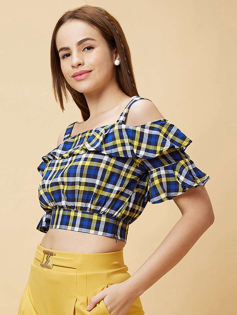 blue checks crop top - 20430108 - Standard Image - 1