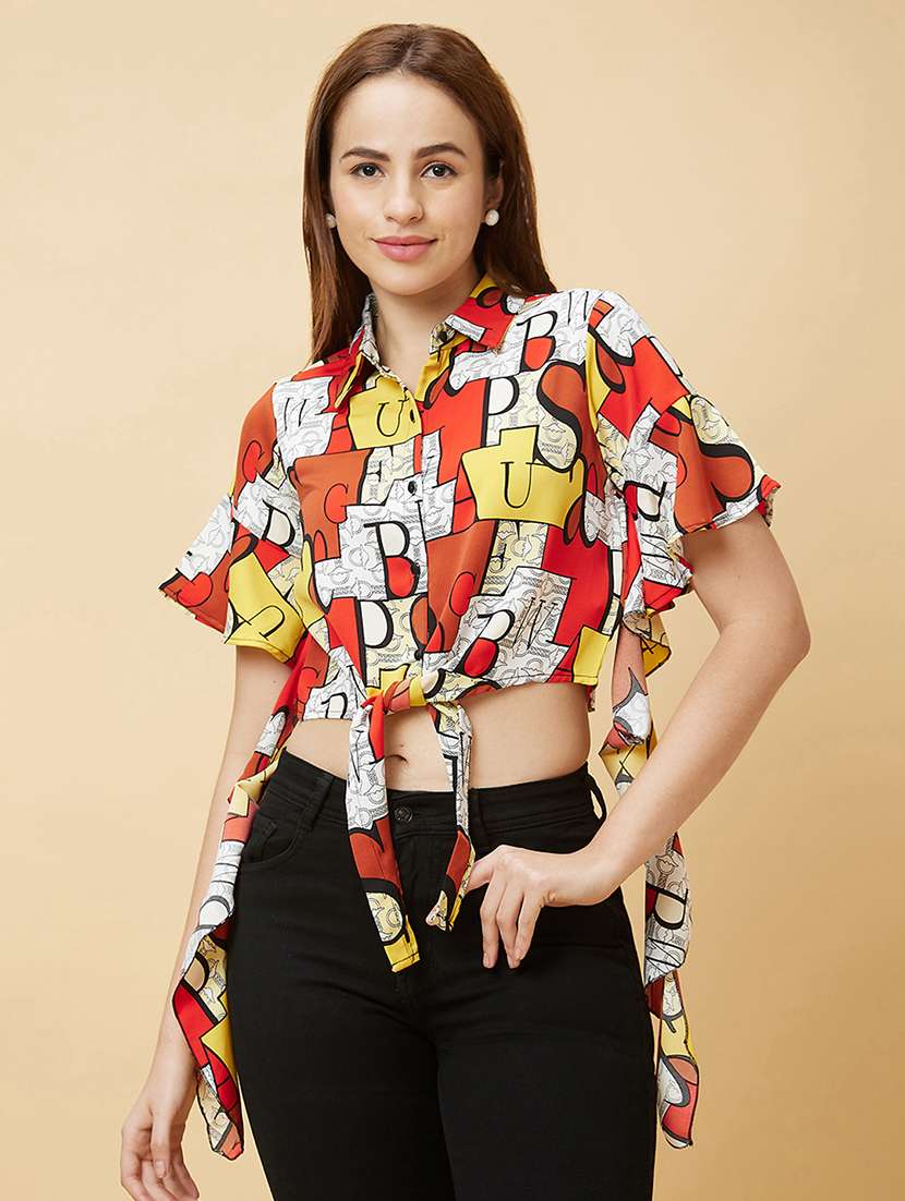red graphic crop top