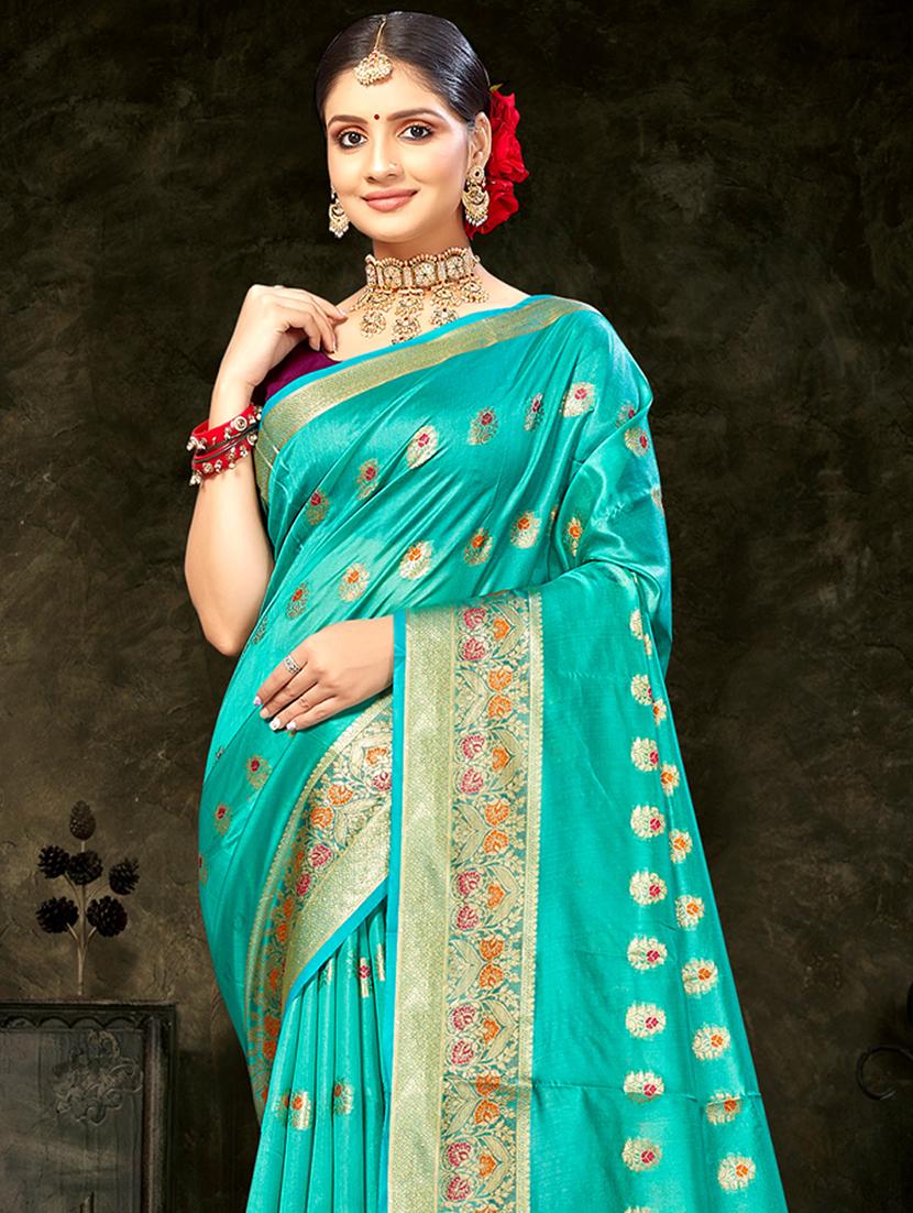 turquoise self design banarasi saree - 20431165 - Standard Image - 1