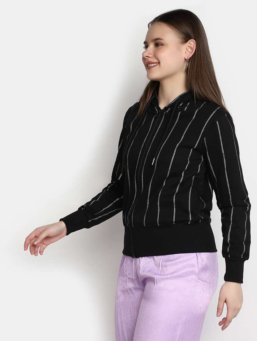 women black striped hooded neck sweatshirt - 20431222 - Standard Image - 1