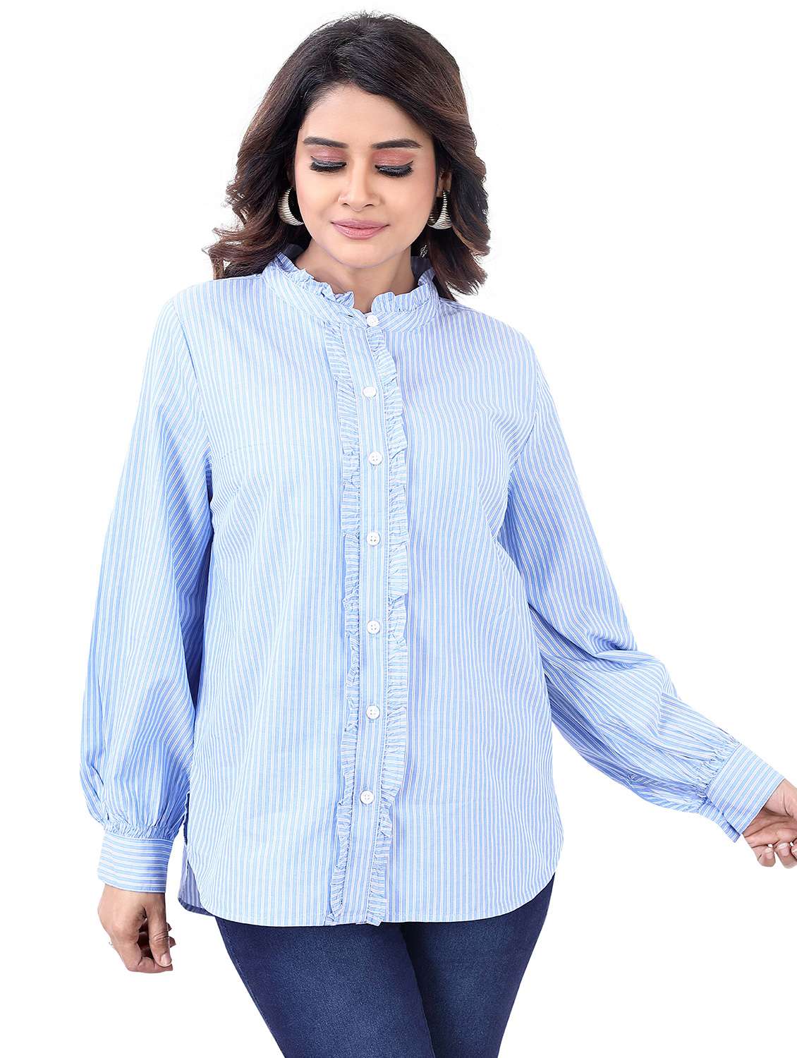 mandarin neck striped ruffled shirt