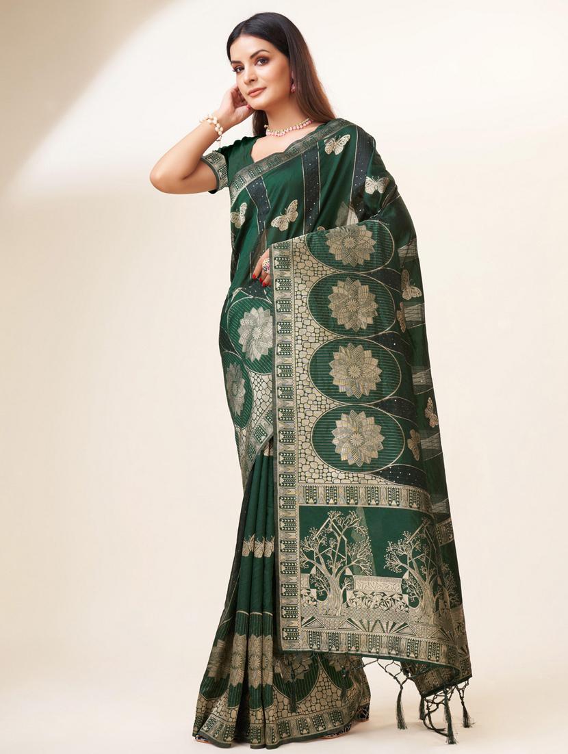 bottle green self design banarasi saree - 20433944 - Standard Image - 1