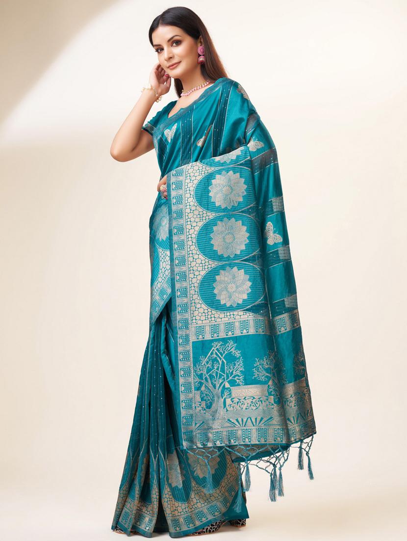 turquoise self design banarasi saree - 20433947 - Standard Image - 1