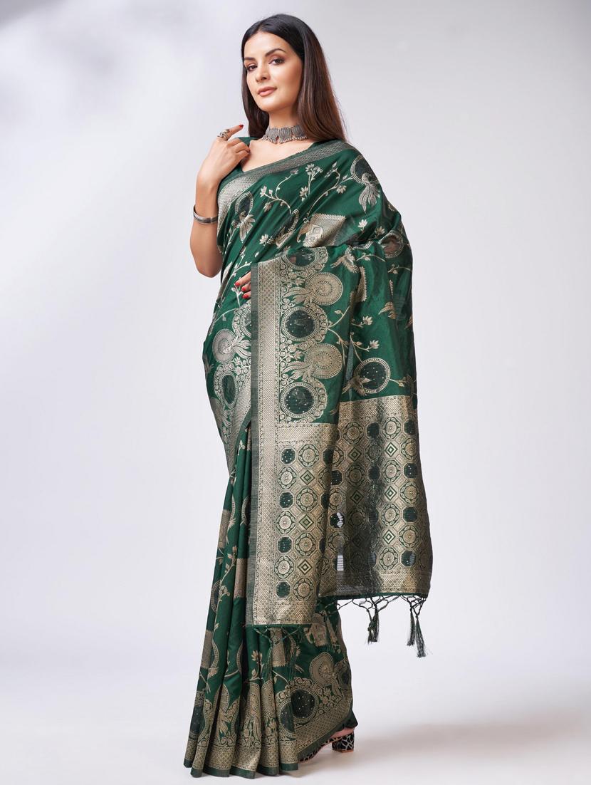bottle green self design banarasi saree - 20433950 - Standard Image - 1