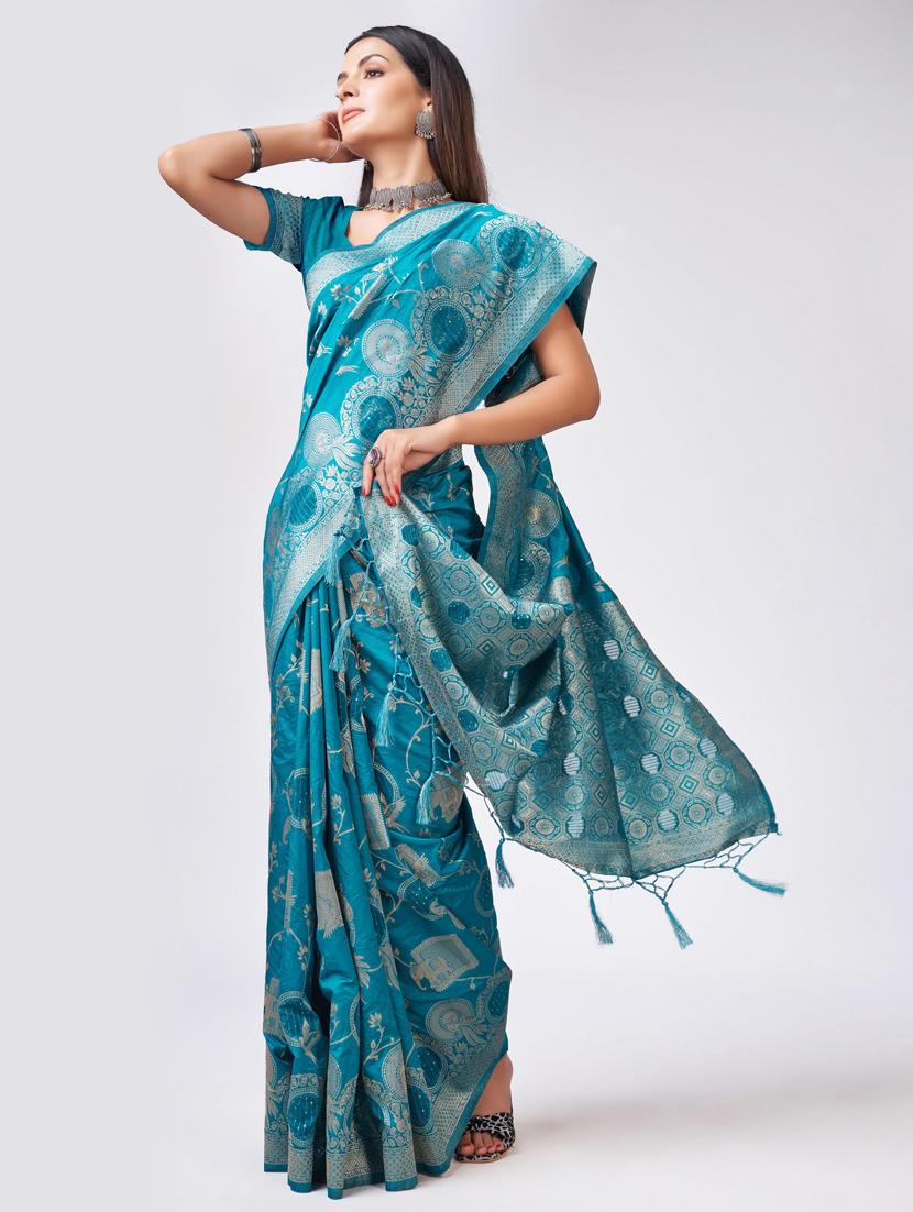 turquoise self design banarasi saree - 20433953 - Standard Image - 1