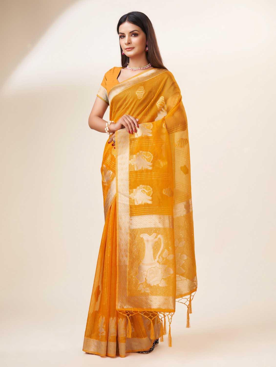 yellow self design banarasi saree - 20433982 - Standard Image - 1