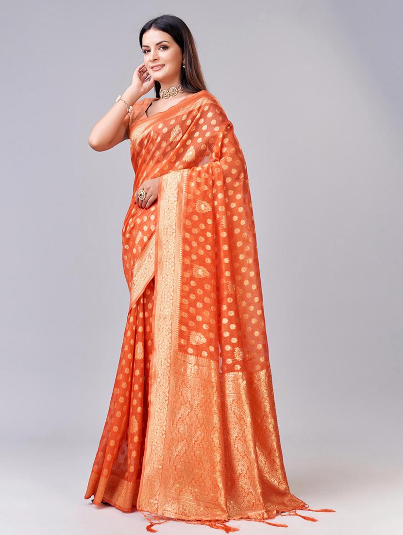 orange self design banarasi saree - 20433990 -  Standard Image - 1