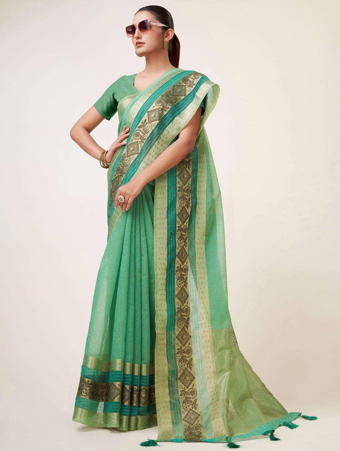 sea green self design bordered saree - 20434036 - Standard Image - 1