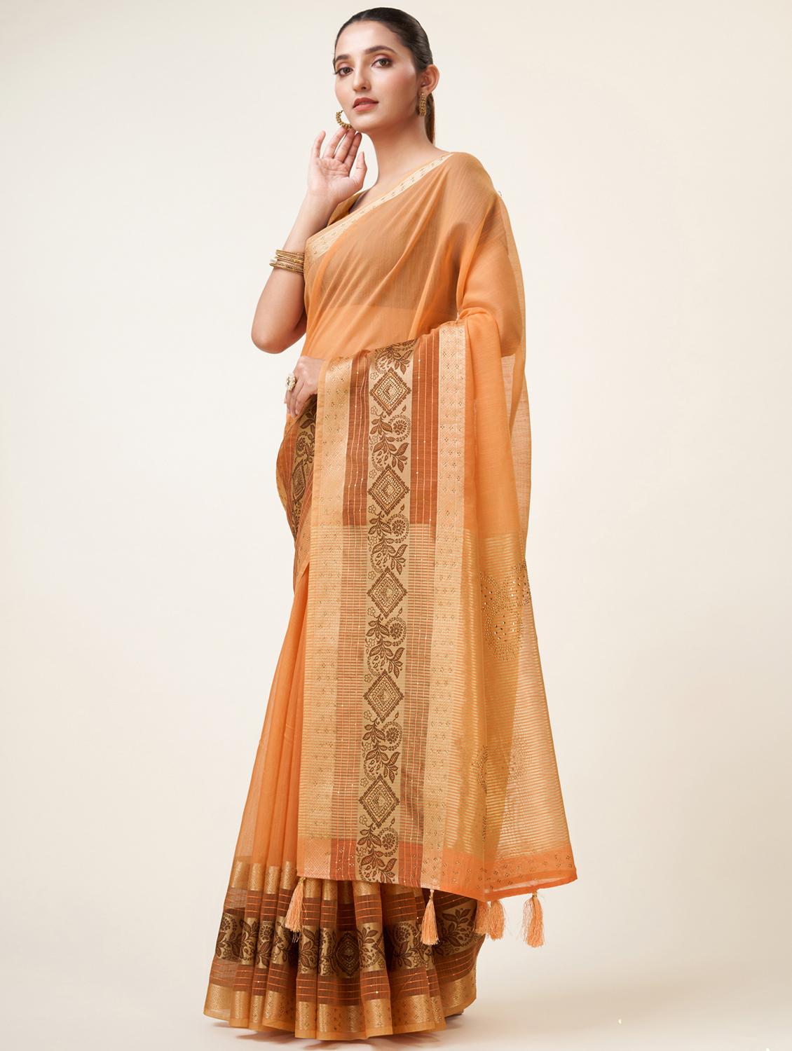 orange self design bordered saree - 20434039 - Standard Image - 1