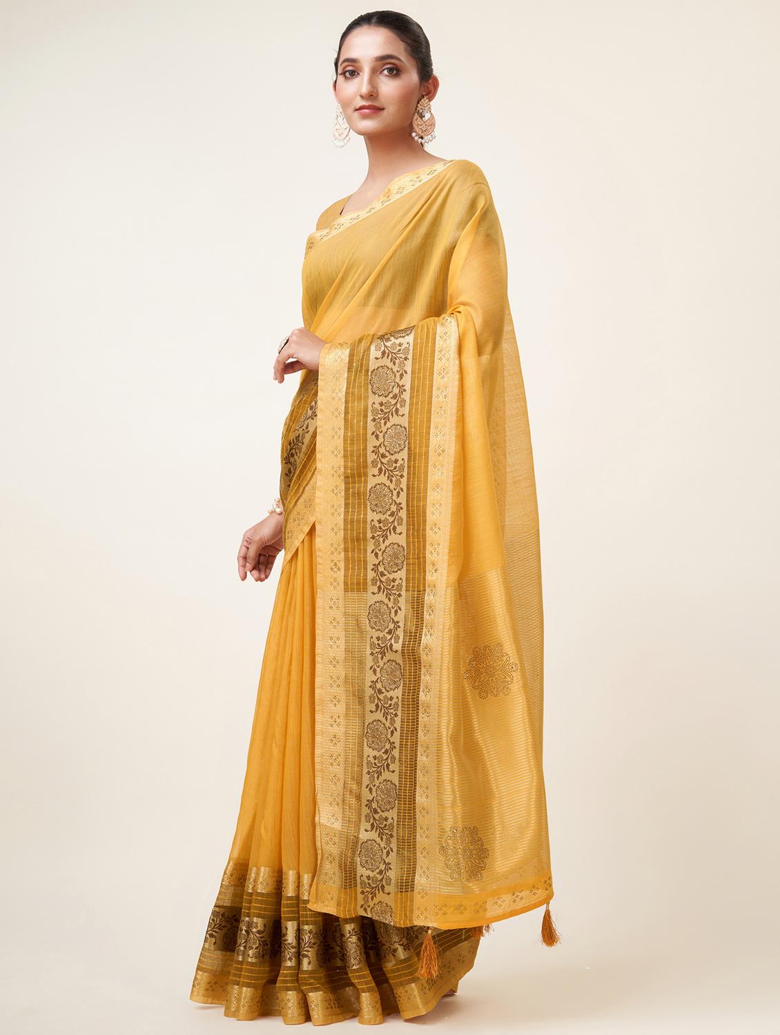 yellow self design bordered saree - 20434044 - Standard Image - 1