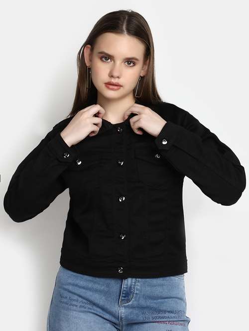 women black cotton regular jacket - 20435699 - Standard Image - 0