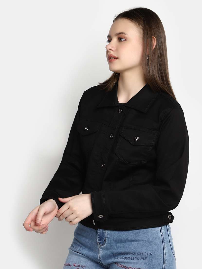 women black cotton regular jacket - 20435699 - Standard Image - 1