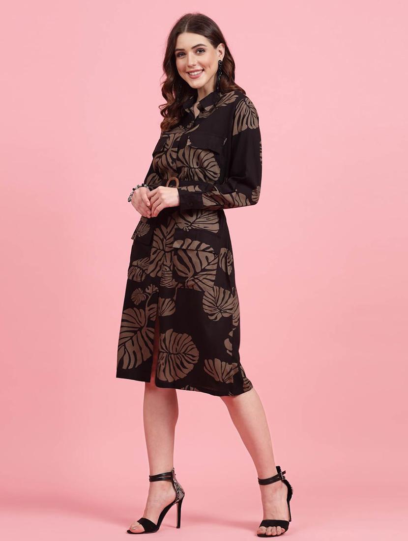 coffee brown tropical print shirt dress - 20436082 -  Standard Image - 1