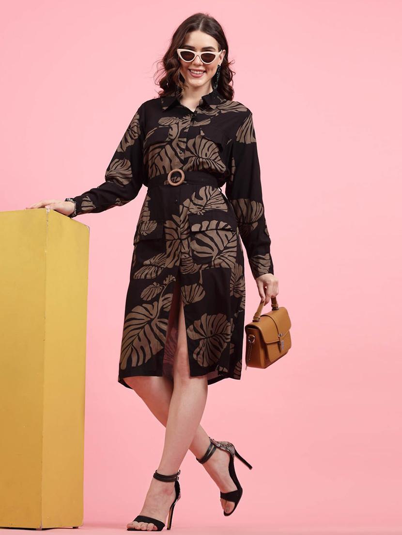 coffee brown tropical print shirt dress - 20436082 - Standard Image - 4