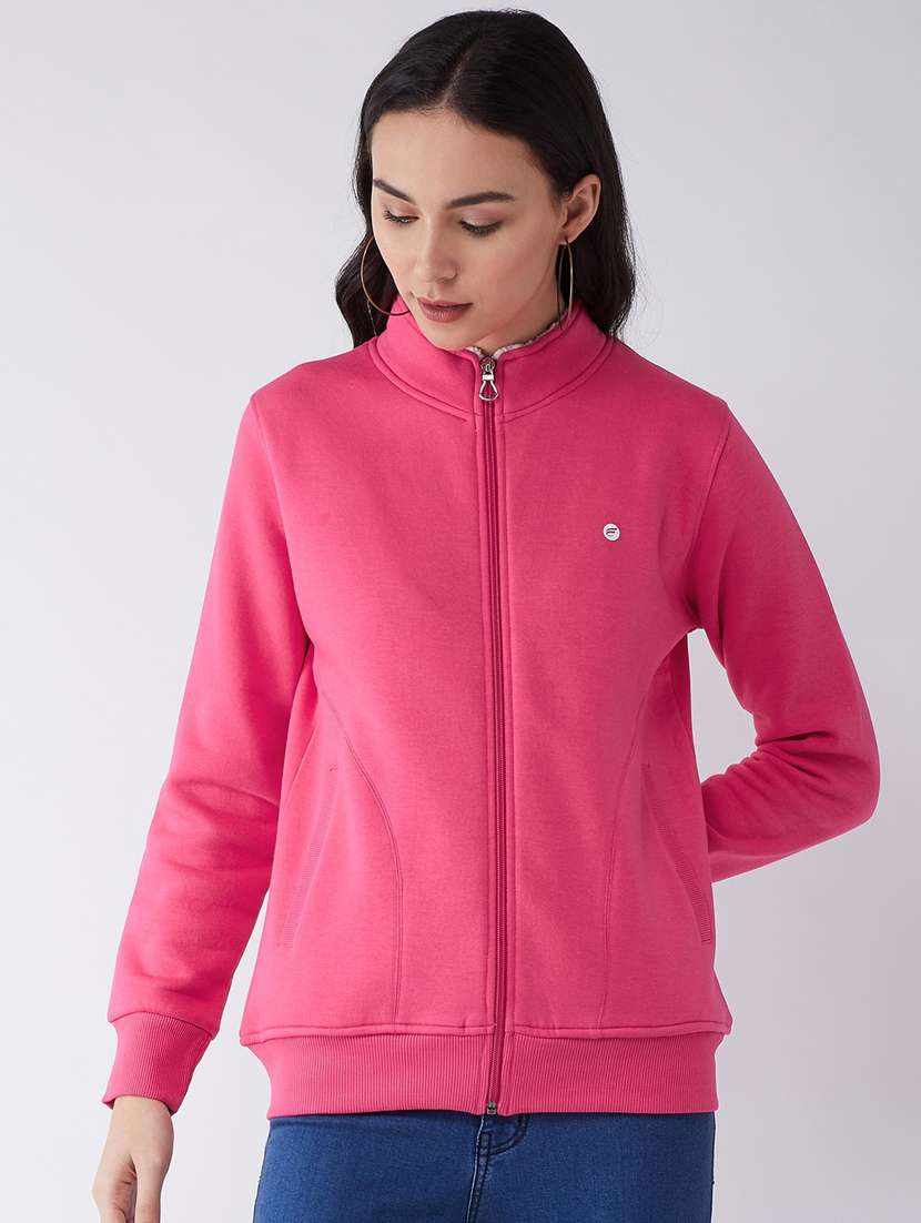 pink solid stand collar sweatshirt