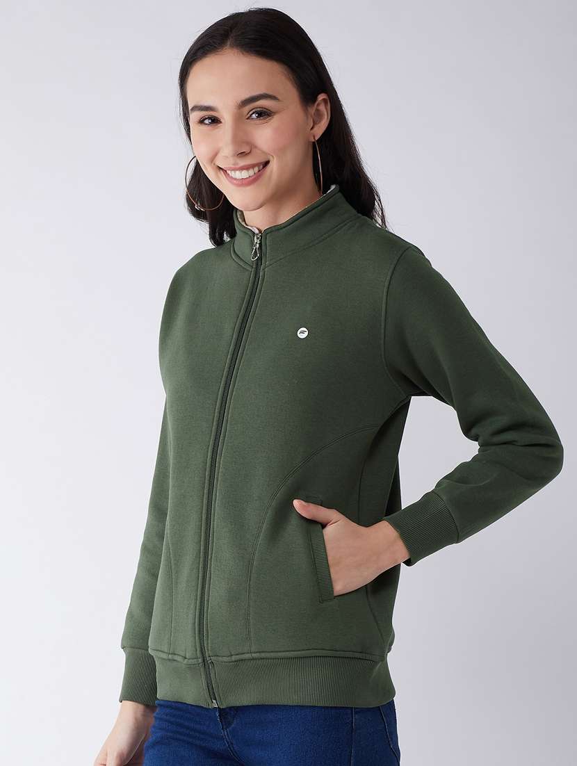 green solid stand collar sweatshirt - 20436407 - Standard Image - 1
