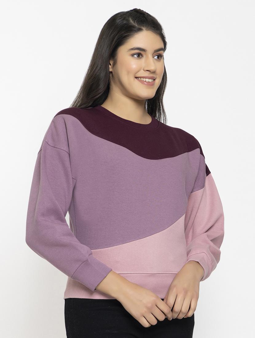 purple color blocked round neck sweatshirt - 20436411 - Standard Image - 1